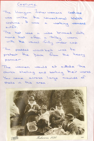 Information on traditional Llangwm Pembrokeshire Welsh costume detailing differences between it and traditional costume. Includes a postcard of Llangwm fisherwomen